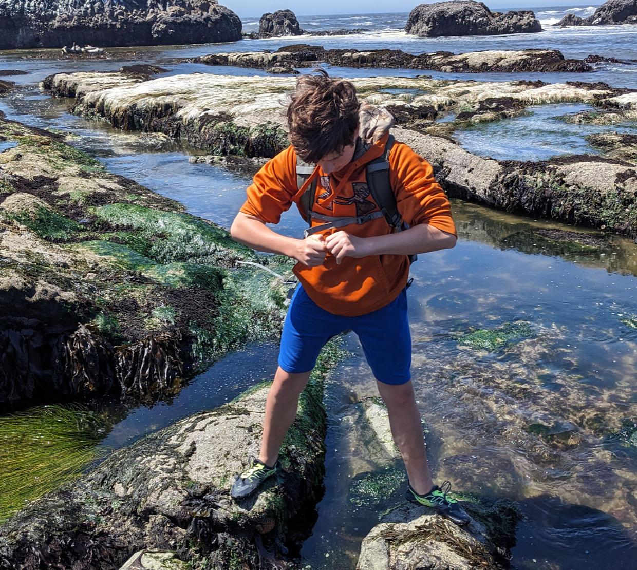 A kid stands in the water holding wildlife.