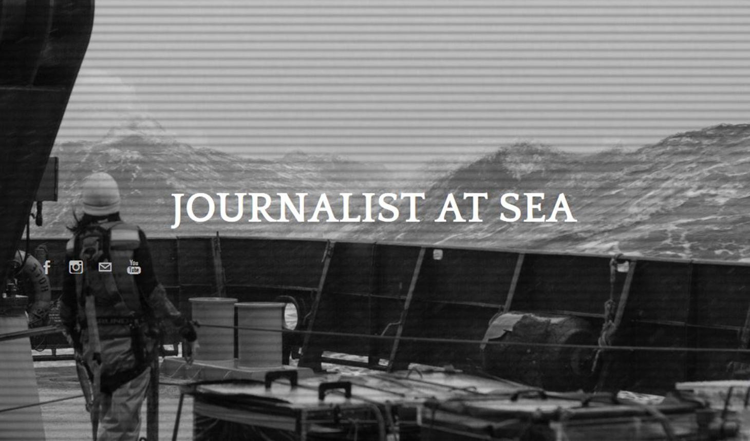 Photo of a crew member on a boat at sea in black and white, with "JOURNALIST AT SEA" title on the middle of image.