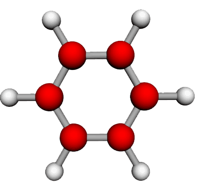 Graphic representation of a benzene molecule.