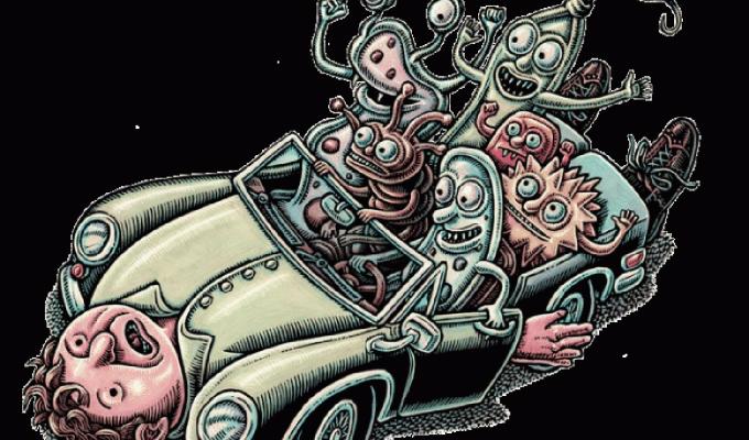 Lisa Haney painting of bacteria characters driving human car