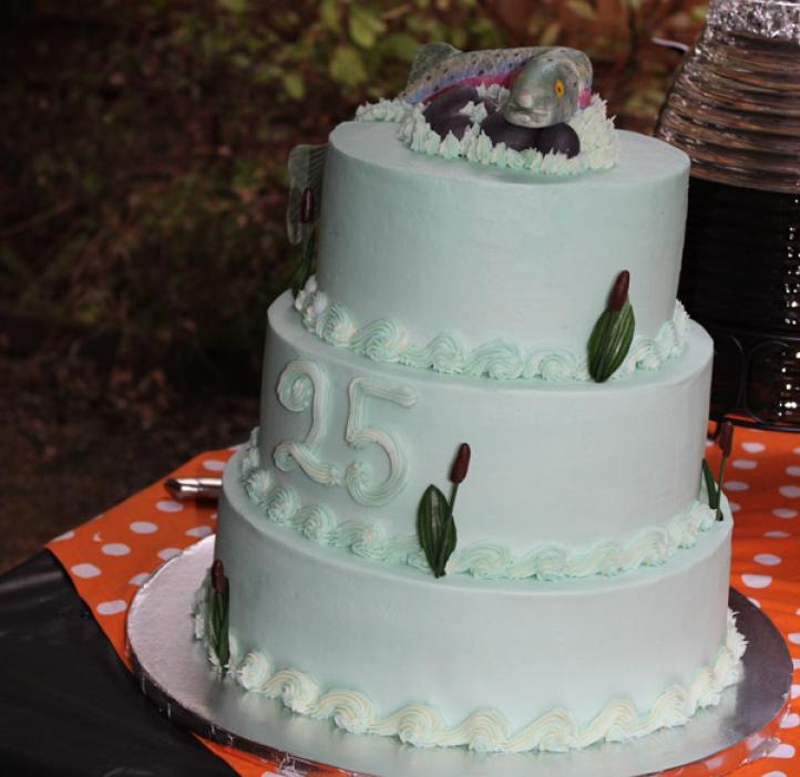 three tiered cake decorated with salmon